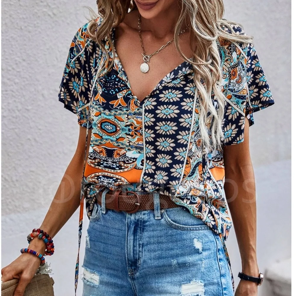 Printed Blue Multicolor Batwing Sleeve V-Neck Blouse Top - Picture 1 of 8